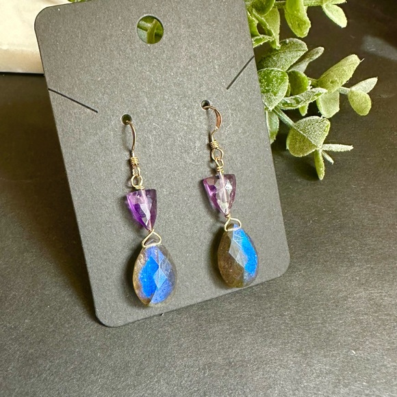 Labradorite and Amethyst Earrings lever back 14k Gold Filled - Picture 5 of 6